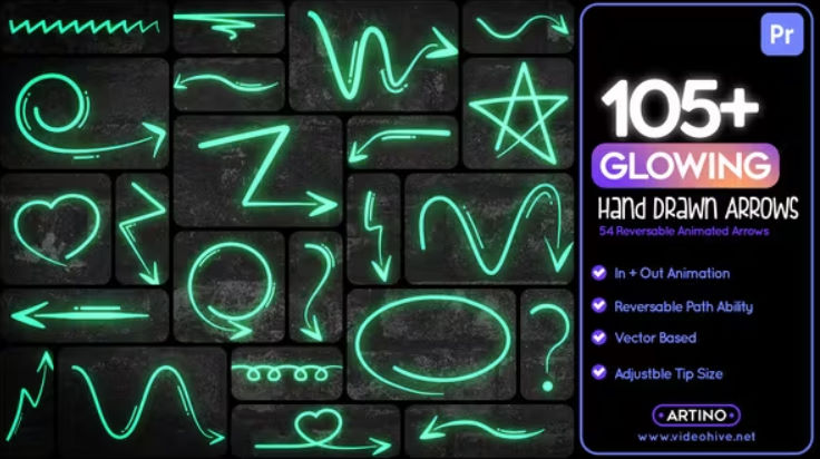 Videohive 105 Glowing Hand Drawn Arrows Mogrt